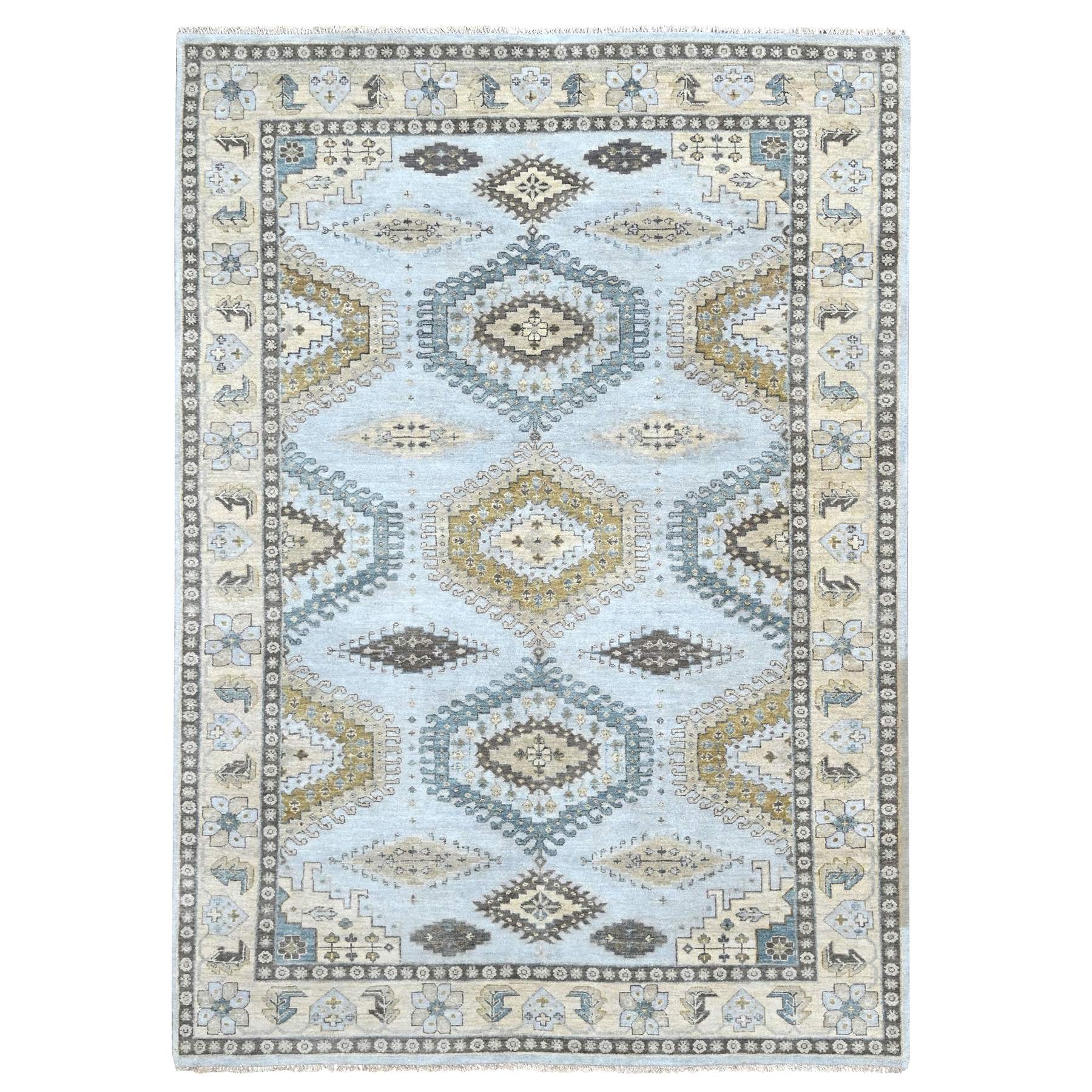 Pastel Gray with Gold, Persian Village Inspired Geometric Elements Design, Pure Wool, Vegetable Dyes, Densely Woven, Hand Knotted, Oriental Rug